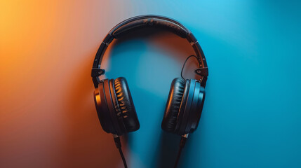 A pair of headphones on a blue and orange background, AI