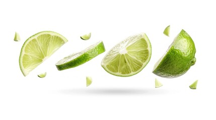 Closeup detailed many flying fresh lime slices fruit texture on white background. AI generated image - obrazy, fototapety, plakaty
