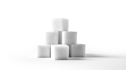 Closeup many sweet white sugar cubes shape stack on white background. AI generated image
