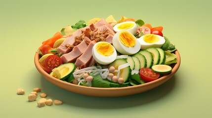 salad with tuna, eggs, cucumber, lettuce, tomatoes and quail eggs