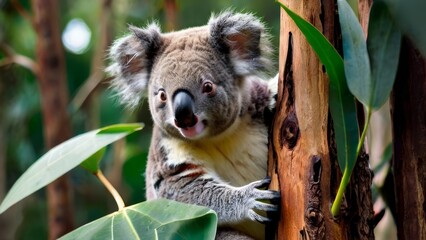 Obraz premium Endearing koala resting amidst eucalyptus foliage. Vibrant close-up of a fluffy Australian marsupial. Concept of wildlife conservation, natural habitats, and adorable animal.