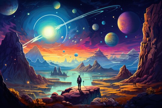 A person standing on a cliff looks out at a vast, colorful landscape. Planets and stars fill the sky above.