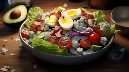 Salad with egg, bacon, tomato, onion, cucumber and mayonnaise