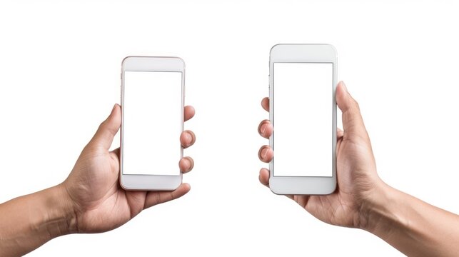 Closeup two hands holding white smartphone with blank screen on white background. AI generated image