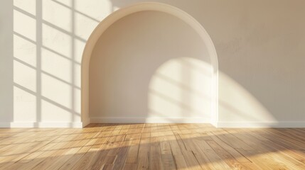 A large archway with a white wall and a wooden floor. The archway is empty and the room is very bright