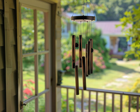 Rustic wind chimes hanging on a porch