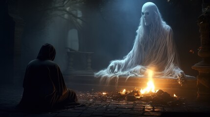 A cloaked figure sits in front of a fire and looks at a ghostly apparition. The ghost is tall and ethereal, with long flowing hair and a skull for a head. - obrazy, fototapety, plakaty