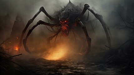 A massive spider with red eyes and fangs stands in a smoky, fiery area with ruins in the background. - obrazy, fototapety, plakaty
