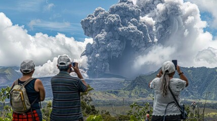 Tourists marveling at the sight of a volcanic eruption from a safe distance, awestruck by the raw power of nature.