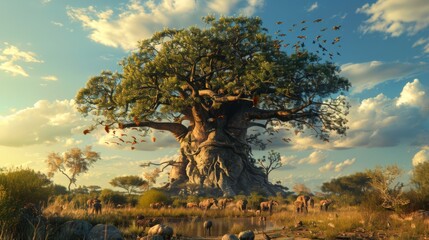 Tower of life: A colossal baobab tree looms large against the African savannah, its massive trunk a sanctuary for myriad forms of wildlife. - obrazy, fototapety, plakaty