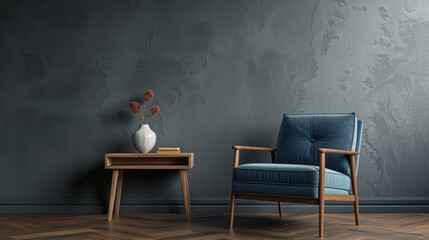A blue chair sits in front of a wooden table with a vase of flowers on it. The room has a modern and minimalist design, with a large wall and a wooden floor
