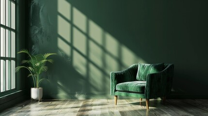 A green chair sits in a room with a green wall and a potted plant. The room is bright and airy, with sunlight streaming in through the window. The chair is positioned near the window - obrazy, fototapety, plakaty