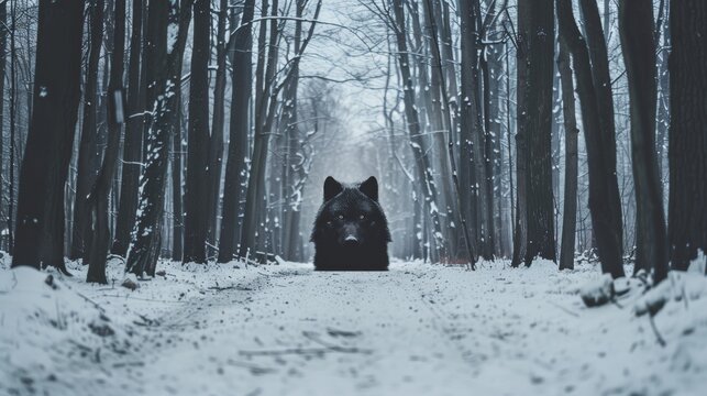 A Black Wolf In The Middle Of A Snowy Forest, AI