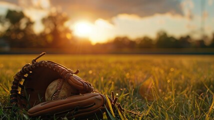Baseball glove and ball at sunset - The classic game of baseball embodied in a glove and ball lying in the field during sunset - obrazy, fototapety, plakaty