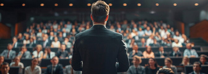 Politician, man and back with crowd at conference in election campaign, public discussion or debate. Political party leader, speaker or presenter for ideas, banner or call to action for audience
