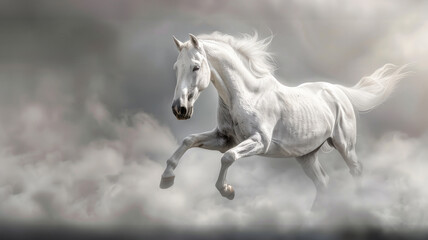 Obraz na płótnie Canvas White horse running free through clouds - The majestic beauty of a white horse captured as it gallops freely through cloudy skies