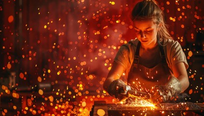 Skilled Female Blacksmith Forging Iron in Flaming Workshop
