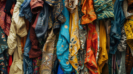 Close up of colorful clothes in second hand clothing shop, charity shop, thrift store, street market