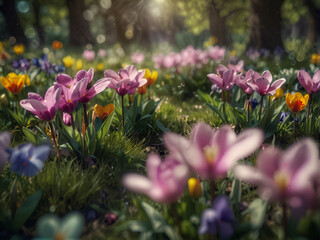 a forest glade dotted with flowers, rays of sunshine