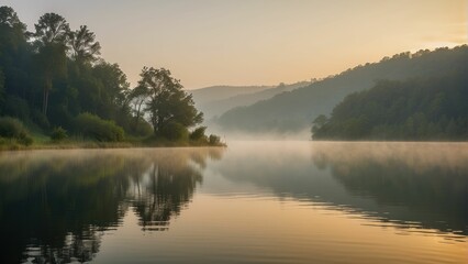 Fototapeta premium Serene misty lake at sunrise with trees