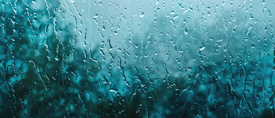 Raindrops on a window with teal backdrop - obrazy, fototapety, plakaty