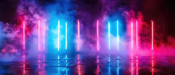 Fototapeta na wymiar Illuminated neon bars with dramatic smoke