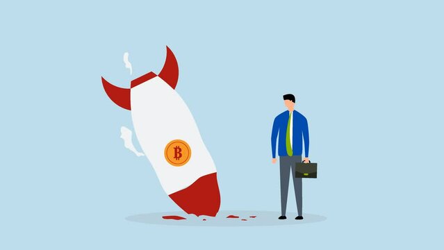 Bitcoin price collapse, Animation of sad bankrupt businessman falling into a rocket with bitcoin symbol.