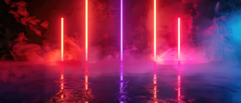 Neon lights reflecting on wet floor with fog - Powered by Adobe