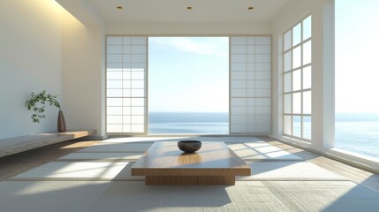 Minimalist Japanese room overlooking the ocean embodying serenity