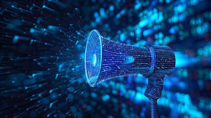 blue megaphone with binary code, artificial intelligence in advertisement and digital marketing strategies. AI-driven targeted advertising, personalized marketing campaigns. 
