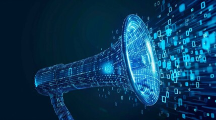 blue megaphone with binary code, artificial intelligence in advertisement and digital marketing strategies. AI-driven targeted advertising, personalized marketing campaigns. 
