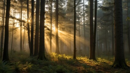 Fototapeta premium As Dawn Breaks, Sunlight Filters Through the Forest Canopy