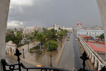 View from the Arts Museum rooftop turret along San Fernando Street over Jose Marti Square to the Purisima Concepcion Cathedral. Cienfuegos-Cuba-185