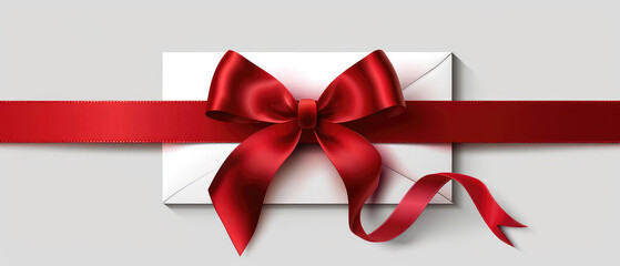 White gift box with red ribbon on grey