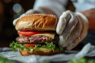 bakery chef prepares burger closeup, beef burger-making process, burger preparing, burger, burger...