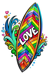 A vibrant, multicolored surfboard is adorned with the word "LOVE" in bold letters and various playful patterns and symbols