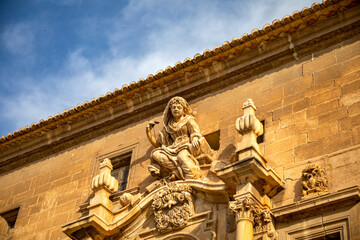 Oblique perspective and detail of one of the façade of the cloister of the university of the Colegio de Diocesano de Santo Domingo Orihuela, Alicante, Valencian Community, Spain