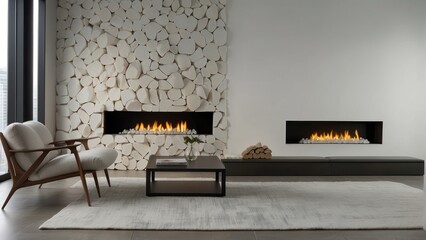 Modern living room with fireplace and stacked wood