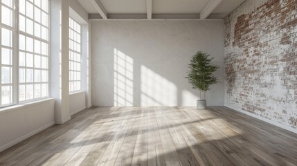 A large room with a brick wall and a potted plant. The room is empty and has a lot of natural light coming in through the windows