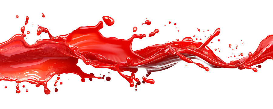 Red liquid splashes isolated on a white background. Red sauce, ketchup or paint splashes in the air in the style of flowing down isolated on a white background, generative ai