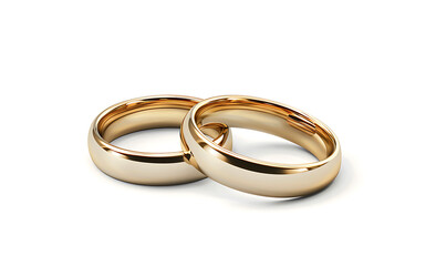 A pair of gold wedding rings isolated on a white background, generative ai