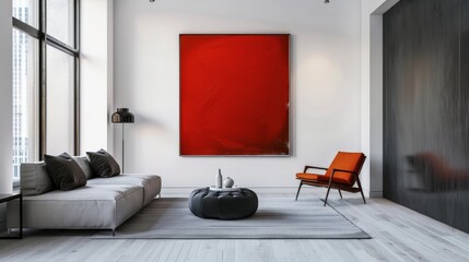 Modern living room with bold red artwork and sleek furniture