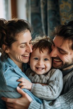A happy family portrait of parents hugging their baby and smiling joyfully. The image captures the love, togetherness, and warmth of family life at home.