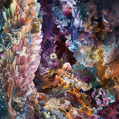 Mineral Composition, Geological Beauty, mesmerizing arrangements, intricate details, showcasing layers and formations, realistic digital painting, with Soft Focus