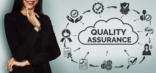 Quality Assurance and Quality Control Concept - Modern graphic interface showing certified standard process, product warranty and quality improvement technology for satisfaction of customer. uds