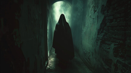 Shadowy figure, hooded cloak, lurking in the shadows, wandering through hidden corners of the deep web - obrazy, fototapety, plakaty