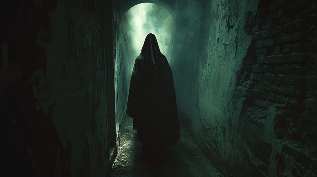 Shadowy figure, hooded cloak, lurking in the shadows, wandering through hidden corners of the deep web