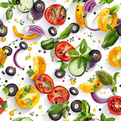 Seamless vegetable banner with pieces of vegetables and spicy greens