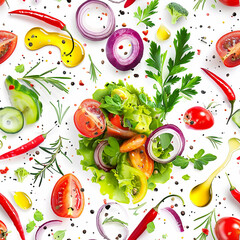 Seamless vegetable banner with pieces of vegetables and spicy greens