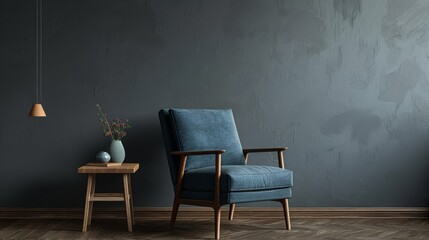 A blue chair sits in front of a wooden table. The room is decorated in a minimalist style with a blue wall and wooden floor